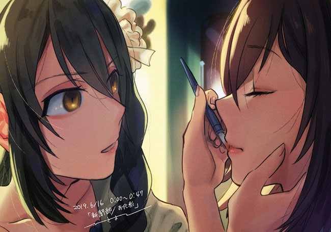 2019, 2girls, applying_makeup, black_hair, brown_hair, closed_eyes, dated, ensemble_girls!