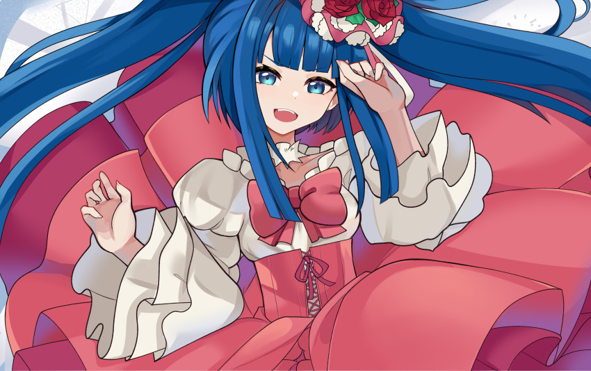 1girl, absurdres, bee_sempai, blue_eyes, blue_hair, bow, dark_blue_hair, dress