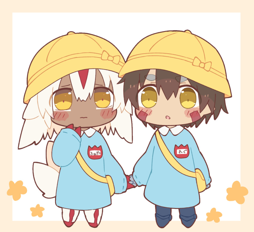 1boy, 1girl, ameamee69, bag, bangs, blue_dress, blush, brown_hair, cape, chibi, child, closed_mouth, contemporary, dark-skinned_female, dark_skin, dress, facial_mark, faputa, female_child, fewer_digits, frown, full_body, hand_up, hat, hetero, holding_hands, kindergarten_bag, kindergarten_uniform, long_sleeves, looking_at_viewer, made_in_abyss, male_child, mechanical_arms, mechanical_legs, mismatched_eyebrows, monster_girl, multiple_tails, regu_(made_in_abyss), school_hat, short_hair, standing, tail, white_background, white_fur, white_hair, yellow_headwear