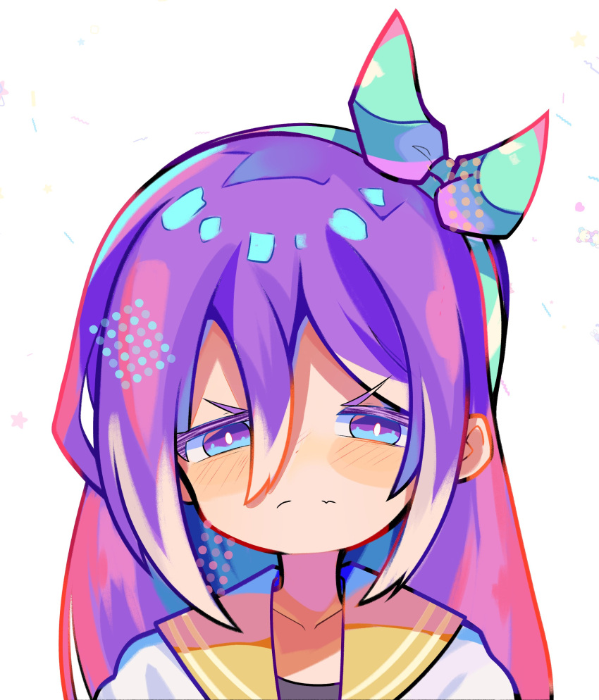 1girl, absurdres, aqua_hairband, aubrey_(omori), bee_sempai, blush, bow_hairband, frown