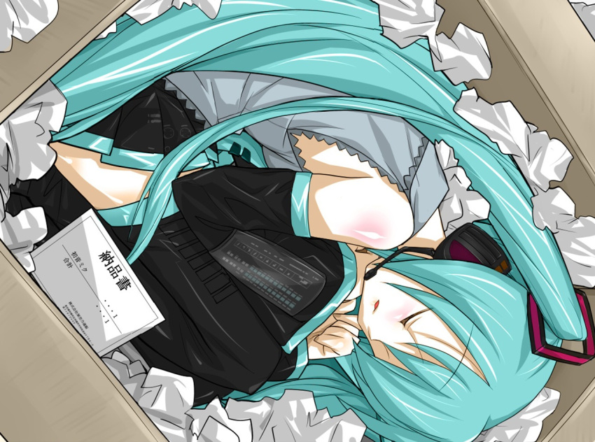 aqua_hair, box, closed_eyes, detached_sleeves, girl_in_box, hatsune_miku, long_hair, short_skirt, solo, vocaloid, zettai_ryouiki