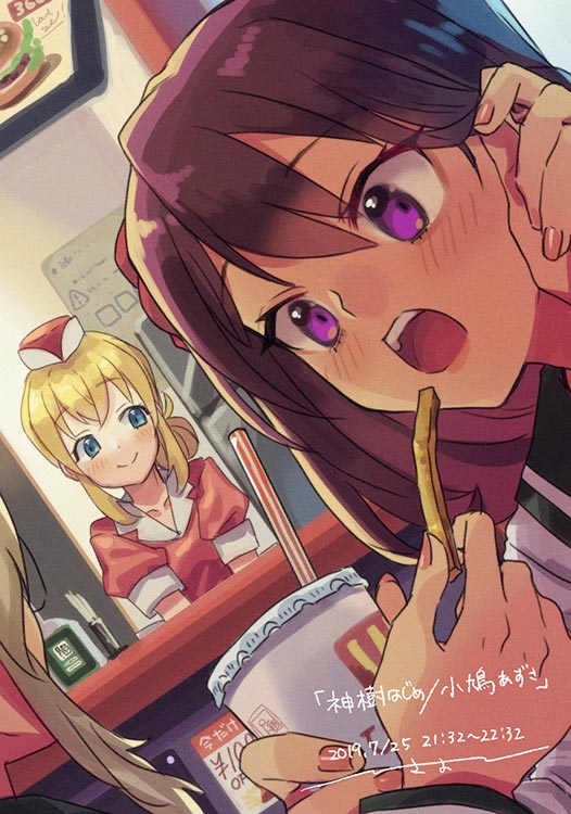 2019, 3girls, blonde_hair, blue_eyes, blush, cup, dated, employee_uniform