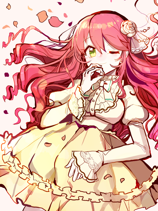 1girl, black_headband, ensemble_girls!, flower, green_eyes, hair_flower, hair_ornament, headband