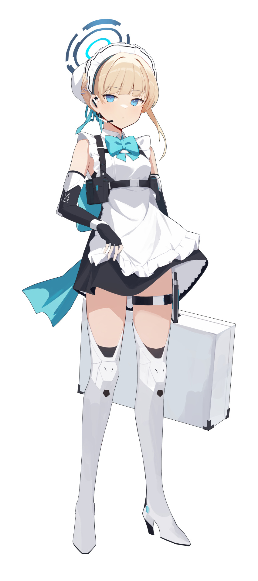 1girl, absurdres, apron, back_bow, bangs, bare_shoulders, belt, belt_pouch