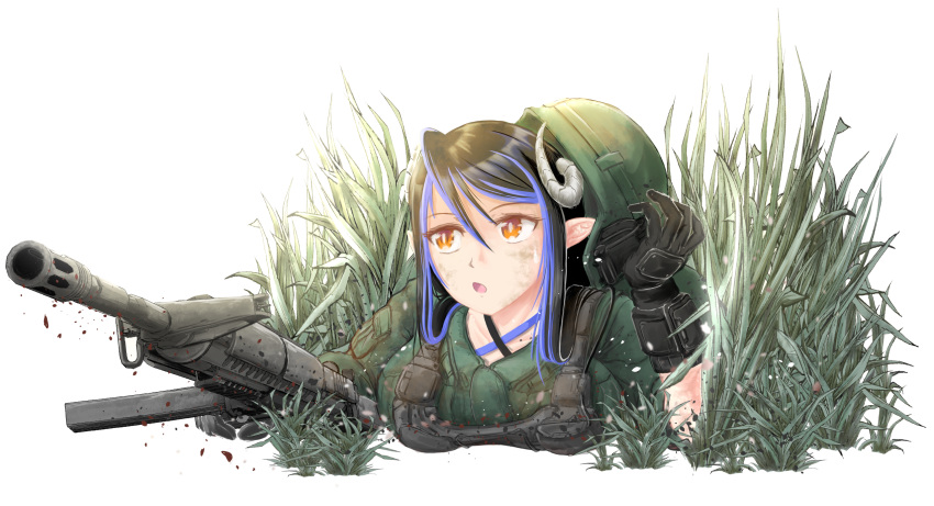 1girl, 774_inc., alternate_costume, assault_rifle, bangs, black_gloves, black_hair, blue_hair, breasts, bright_pupils, brown_eyes, bulletproof_vest, commentary_request, curled_horns, demon_girl, demon_horns, gloves, grass, green_headwear, green_shirt, grey_horns, gun, hair_between_eyes, hebiyoi_tier, helmet, highres, holding, holding_gun, holding_weapon, horns, kurotake, large_breasts, long_hair, looking_afar, lying, military, military_uniform, multicolored_hair, on_stomach, open_mouth, pointy_ears, rifle, shirt, sidelocks, snake_bite, solo, sugar_lyric, transparent_background, two-tone_hair, uniform, upper_body, virtual_youtuber, weapon, white_pupils