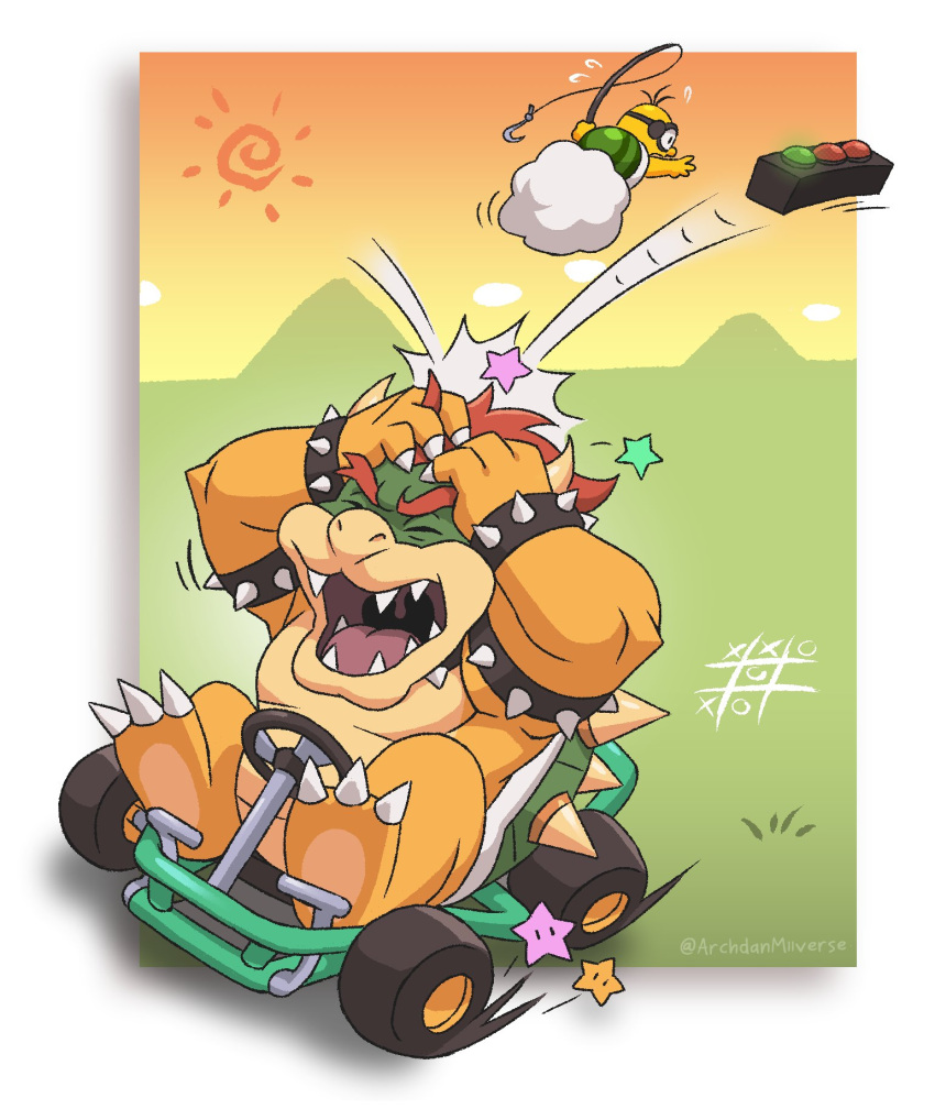 2boys, archdan, border, bowser, closed_eyes, clouds, fishing_rod, go-kart