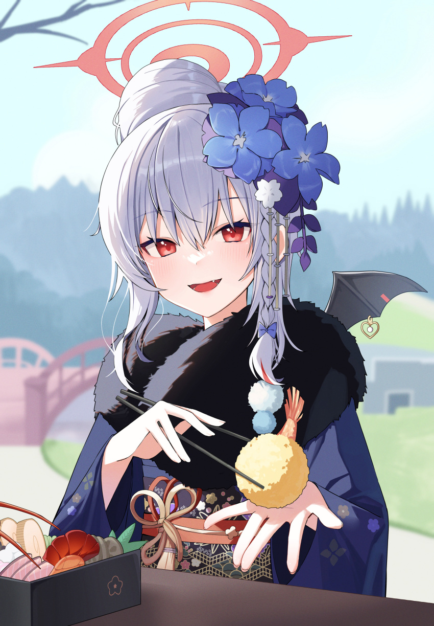 1girl, absurdres, bangs, bat_wings, bento, blue_archive, blue_flower, blue_kimono