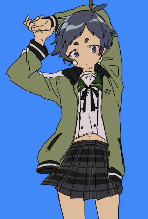 1girl, androgynous, bandaid, bandaid_on_cheek, bandaid_on_face, blue_background, blue_eyes, blue_hair