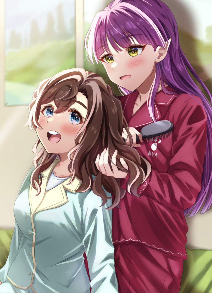 2girls, absurdres, alternate_hair_length, alternate_hairstyle, blue_eyes, blush, brown_hair, brushing_another's_hair