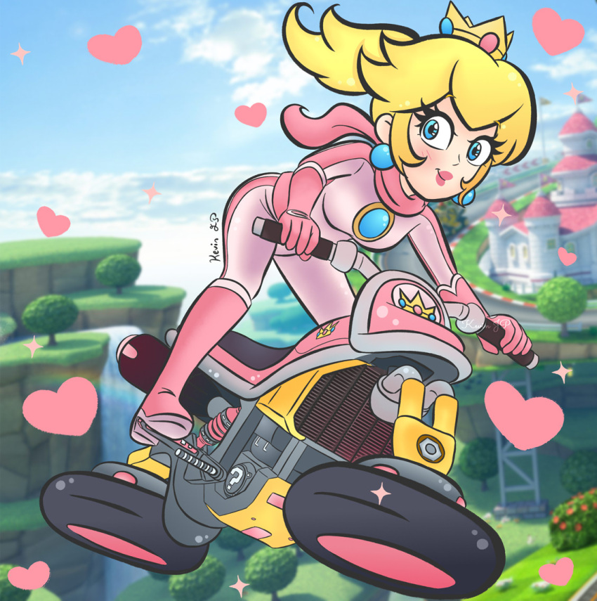 1girl, biker_clothes, biker_peach, bikesuit, blonde_hair, blue_eyes, blurry, blush
