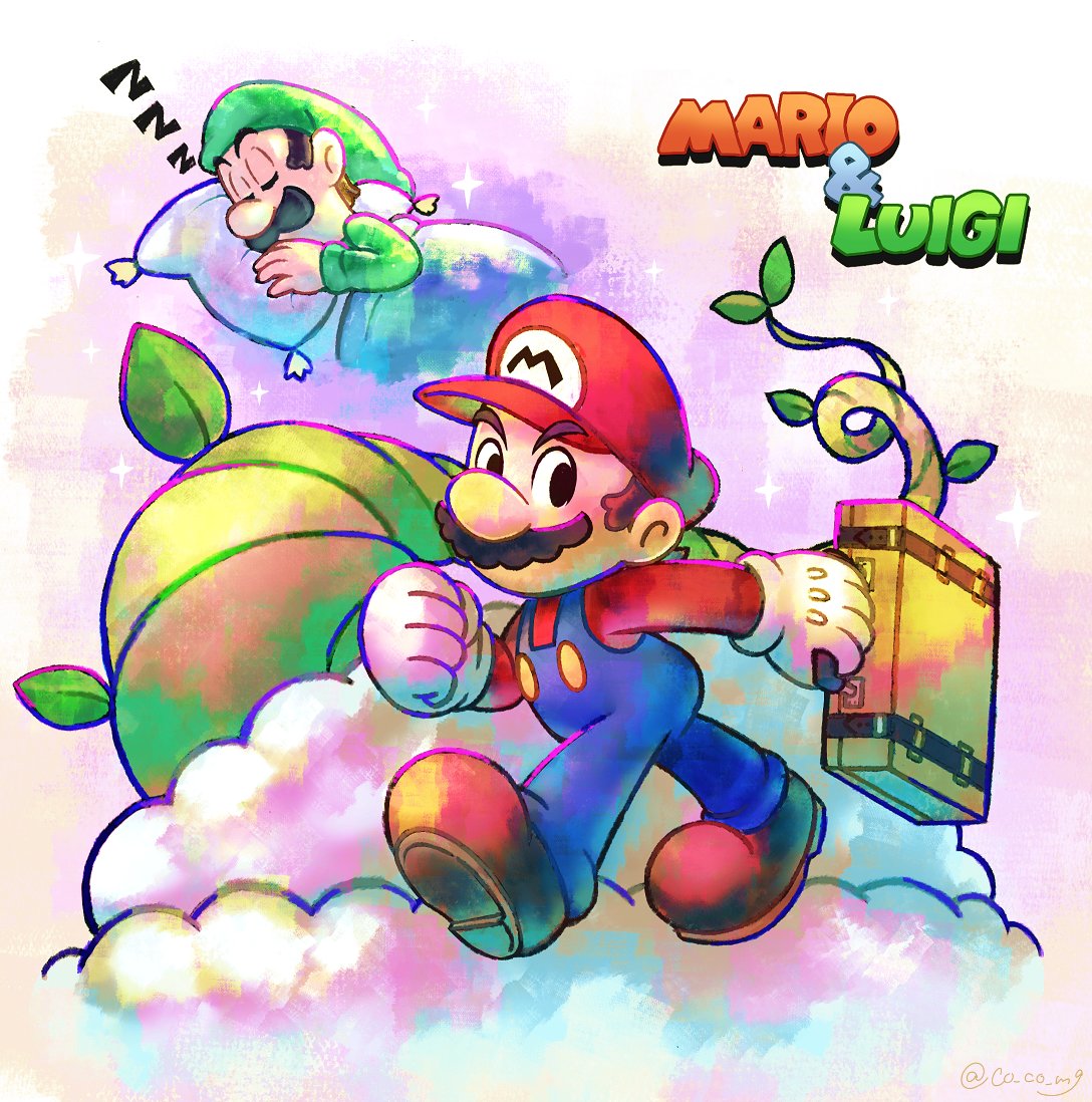 2boys, bean_stalk, blue_overalls, boots, brothers, brown_footwear, clouds, co_co_mg, english_text, facial_hair, gloves, green_headwear, green_shirt, hat, luigi, mario, mario_&amp;_luigi_rpg, multiple_boys, mustache, overalls, pillow, red_headwear, red_shirt, shirt, siblings, sleeping, sound_effects, suitcase, super_mario_bros., white_gloves
