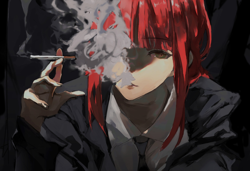 1girl, alternate_eye_color, bangs, black_background, black_jacket, black_necktie, blunt_bangs, braid