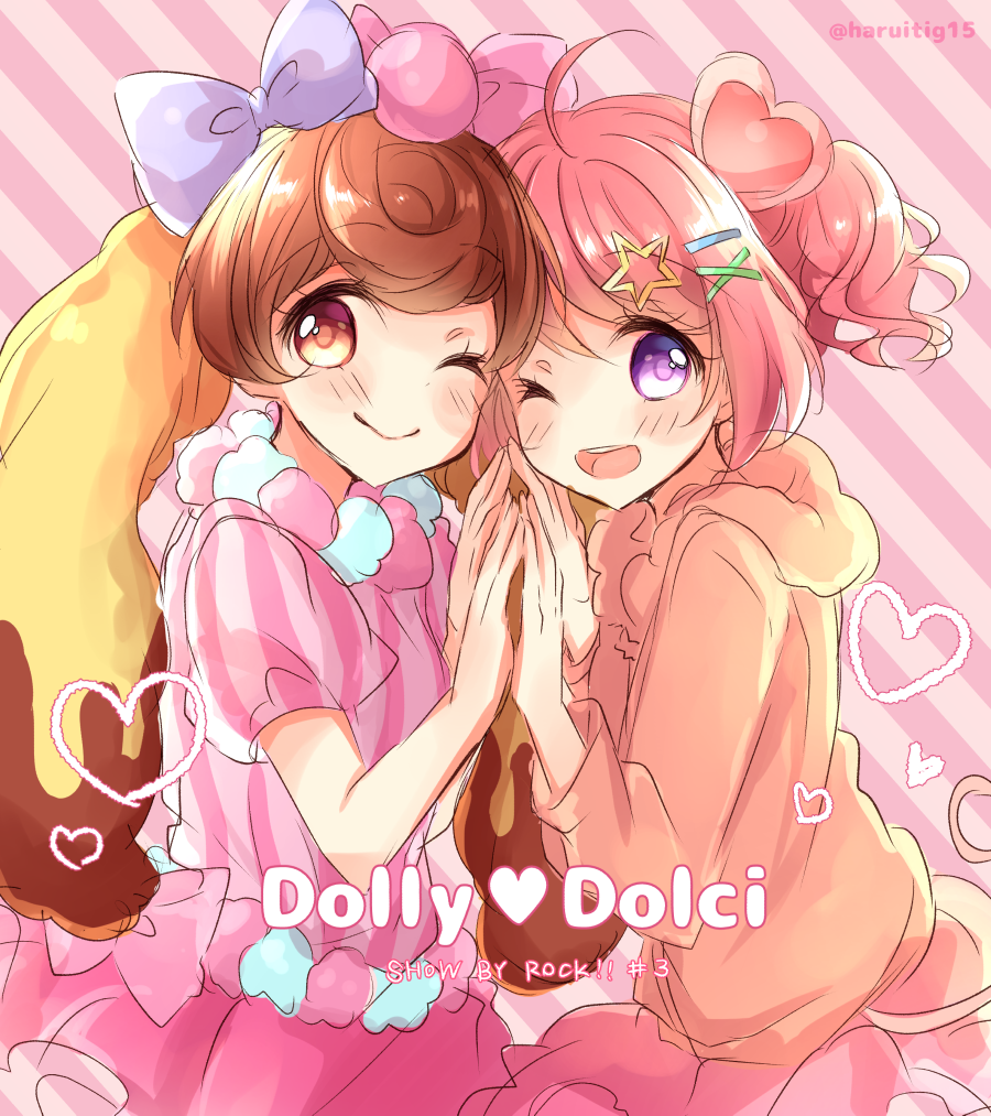 2girls, animal_ears, brown_eyes, brown_hair, candy_lapin_(show_by_rock!!), group_name, haru_ichigo, looking_at_viewer