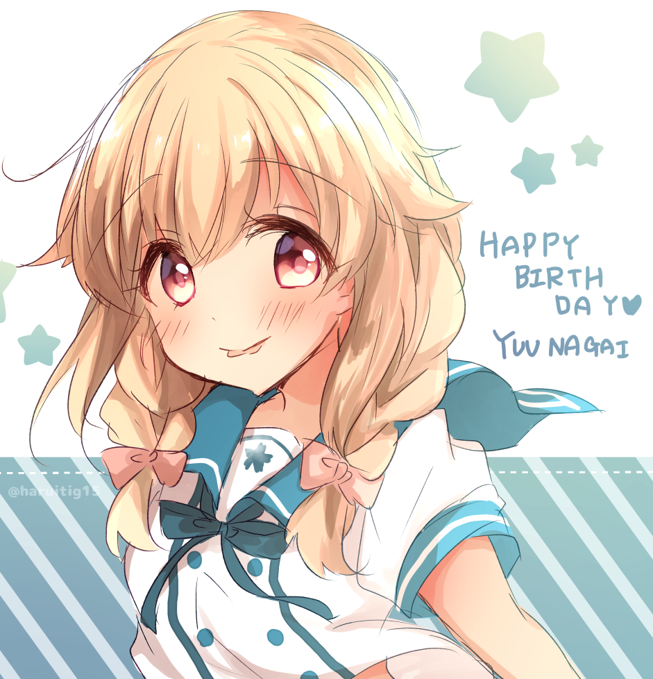 1girl, blonde_hair, blush, character_name, double_bun, ensemble_girls!, hair_bun, happy_birthday