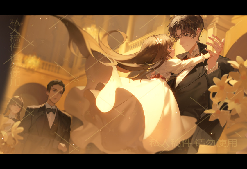 2boys, 2girls, aunt_and_niece, bangs, benson_moretti, black_bow, black_bowtie, black_hair