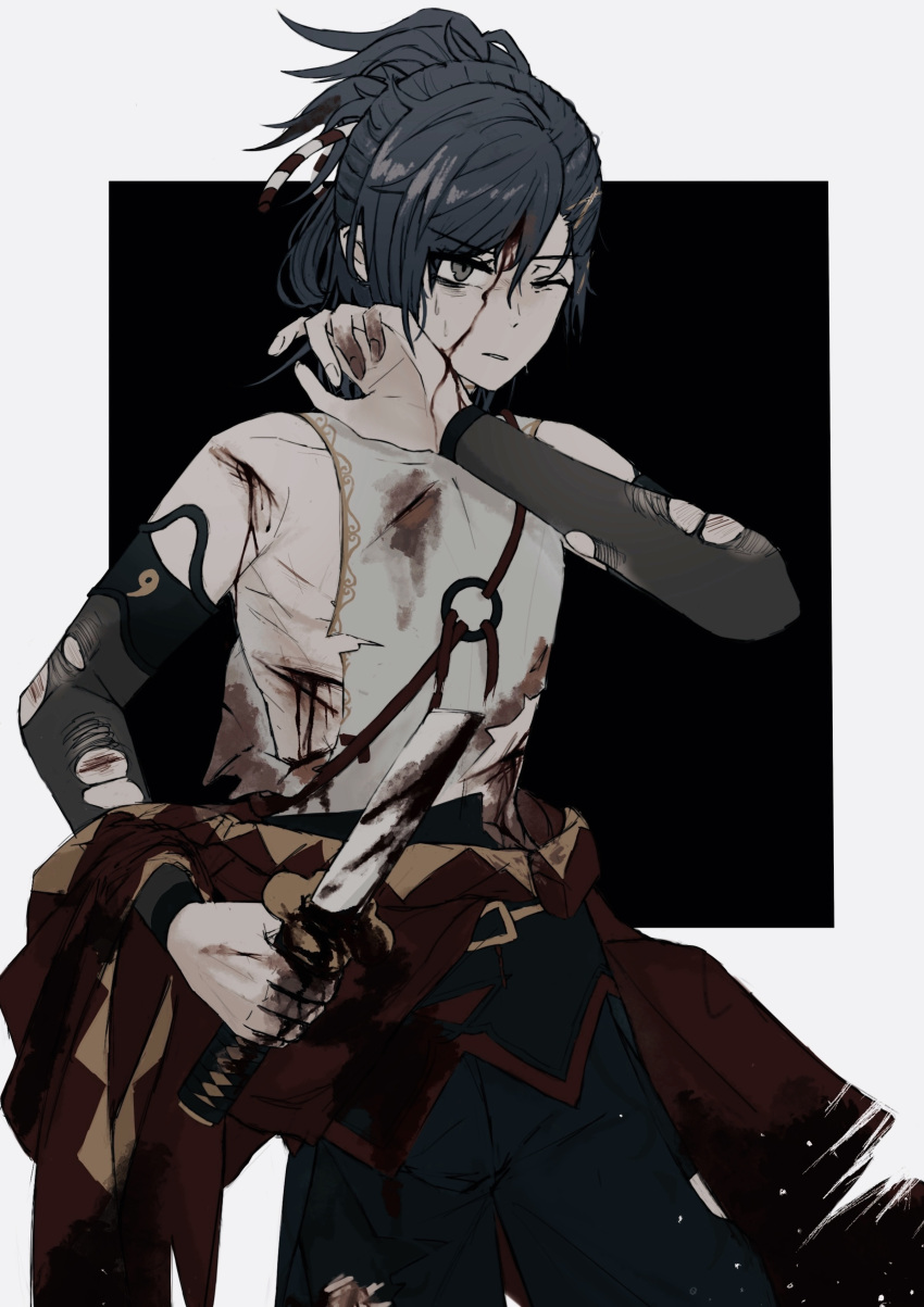 1boy, absurdres, bare_shoulders, black_background, blood, blood_on_clothes, blood_on_face, blue_hair