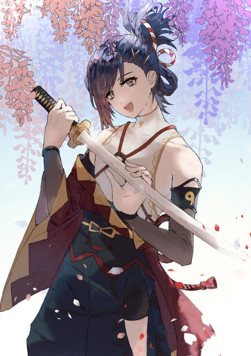 1boy, androgynous, blue_hair, blue_sky, cherry_blossoms, dark_blue_hair, fire_emblem, fire_emblem_engage
