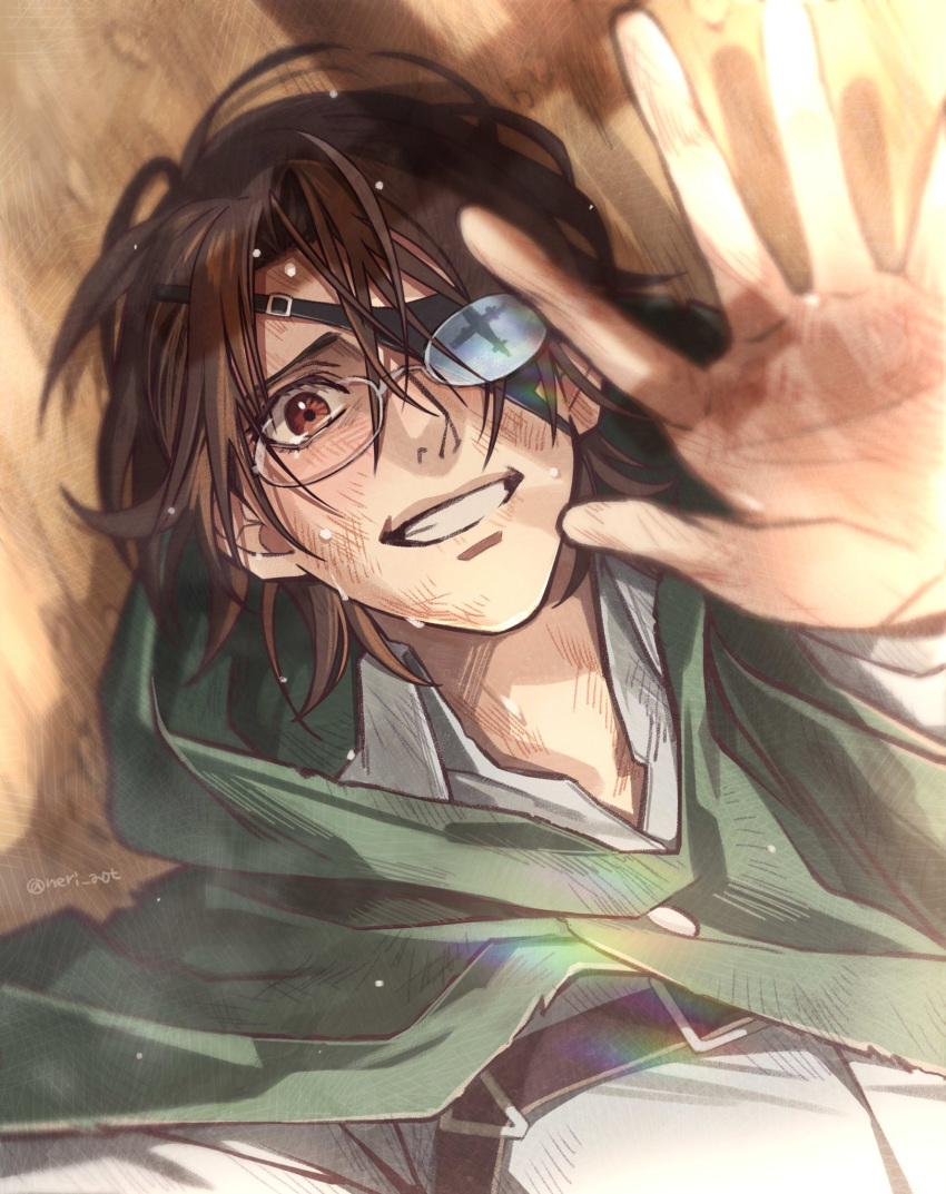 1girl, arm_up, artist_name, bangs, brown_eyes, brown_hair, brown_jacket, cloak, clouds, cloudy_sky, collared_shirt, cropped_jacket, crying, eyepatch, glasses, green_cloak, hair_over_one_eye, hand_up, hange_zoe, harness, highres, jacket, looking_at_viewer, lying, medium_hair, neri_aot, on_ground, outdoors, reaching_towards_viewer, shingeki_no_kyojin, shirt, sky, smile, solo, sunlight, tears, teeth, twitter_username, upper_body, white_shirt