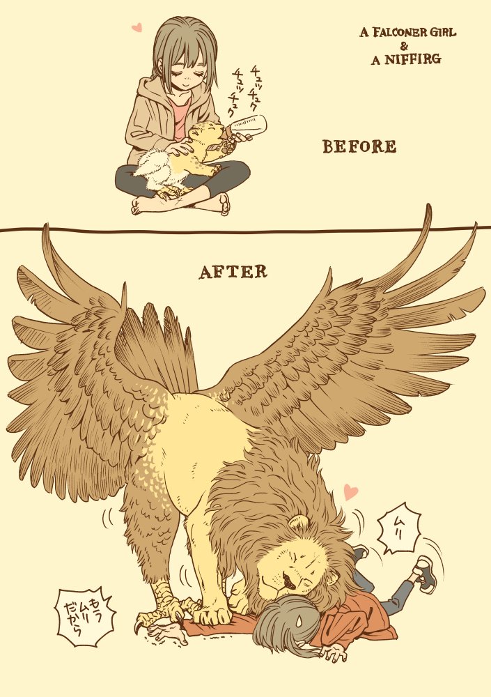 1girl, affectionate, aged_down, baby_bottle, bangs, barefoot, before_and_after, bird_tail, blue_pants, bottle, braid, braided_ponytail, brown_hair, brown_jacket, brown_wings, chimera, closed_eyes, english_text, faceplant, feathered_wings, feeding, grey_hair, heavy, holding, hood, hood_down, hooded_jacket, indian_style, jacket, lion, lion_cub, long_hair, low_wings, lying, maruyamakaoru, milk, motherly, motion_lines, nuzzle, on_stomach, original, outstretched_arm, pants, red_jacket, shoes, simple_background, single_braid, sitting, size_difference, smile, sneakers, spread_wings, sweatdrop, tail, talons, trembling, wings, yellow_background