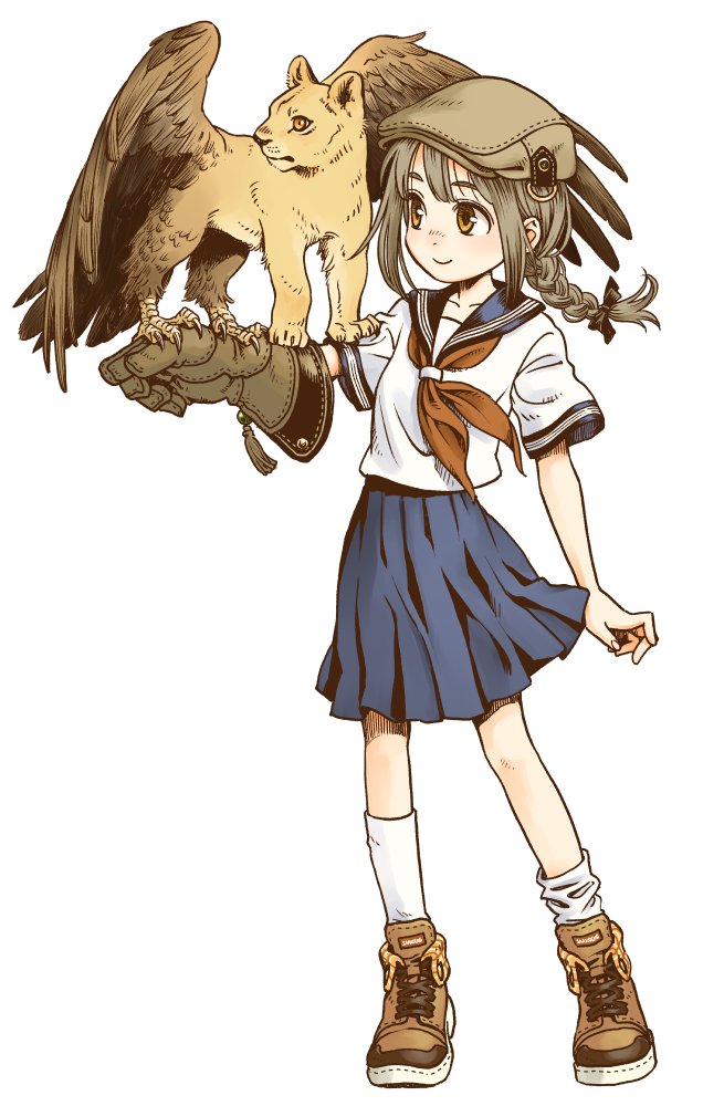 1girl, animal_on_arm, arm_at_side, asymmetrical_legwear, bangs, bird_tail, blue_skirt, braid