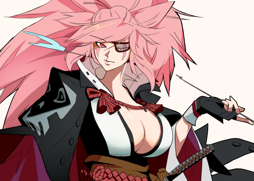 1girl, absurdres, amputee, baiken, big_hair, black_gloves, black_jacket, black_kimono