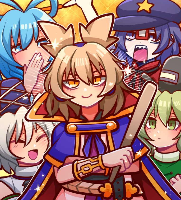 1jumangoku, 5girls, bangs, black_ribbon, blue_eyes, blue_hair, blue_headwear, bracelet, cabbie_hat, cape, closed_mouth, commentary_request, dress, green_dress, green_eyes, green_hair, grey_hair, hair_rings, hat, hat_ornament, jewelry, jiangshi, kaku_seiga, light_brown_hair, looking_at_viewer, medium_hair, miyako_yoshika, mononobe_no_futo, multiple_girls, neck_ribbon, ofuda, open_mouth, pointy_hair, purple_cape, purple_hair, purple_headwear, red_shirt, ribbon, ritual_baton, shirt, short_hair, smile, soga_no_tojiko, star_(symbol), star_hat_ornament, tate_eboshi, touhou, toyosatomimi_no_miko, upper_body, violet_eyes, yellow_eyes