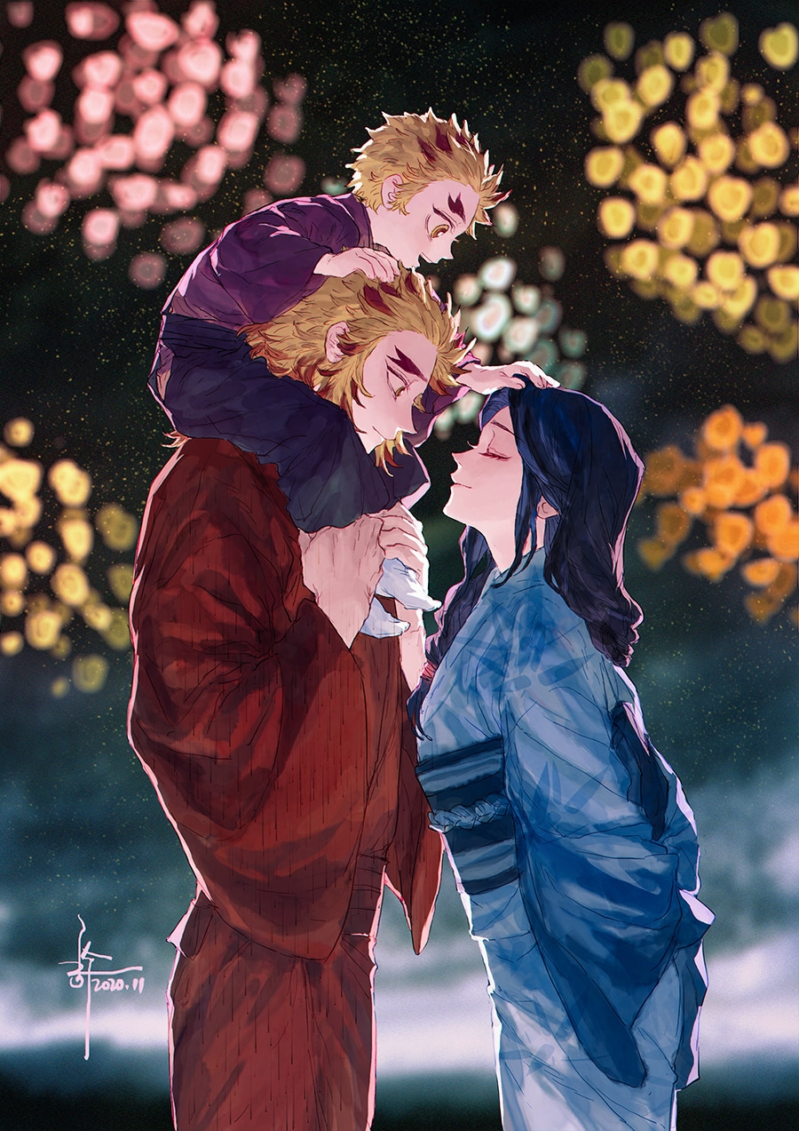 1girl, 2boys, aerial_fireworks, aged_down, arms_behind_back, black_hakama, blonde_hair, blue_hair