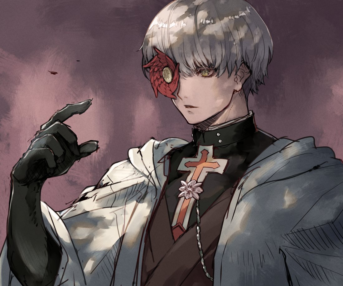 1boy, asuka_r._kreutz, black_gloves, cross, elbow_gloves, gloves, grey_hair, guilty_gear