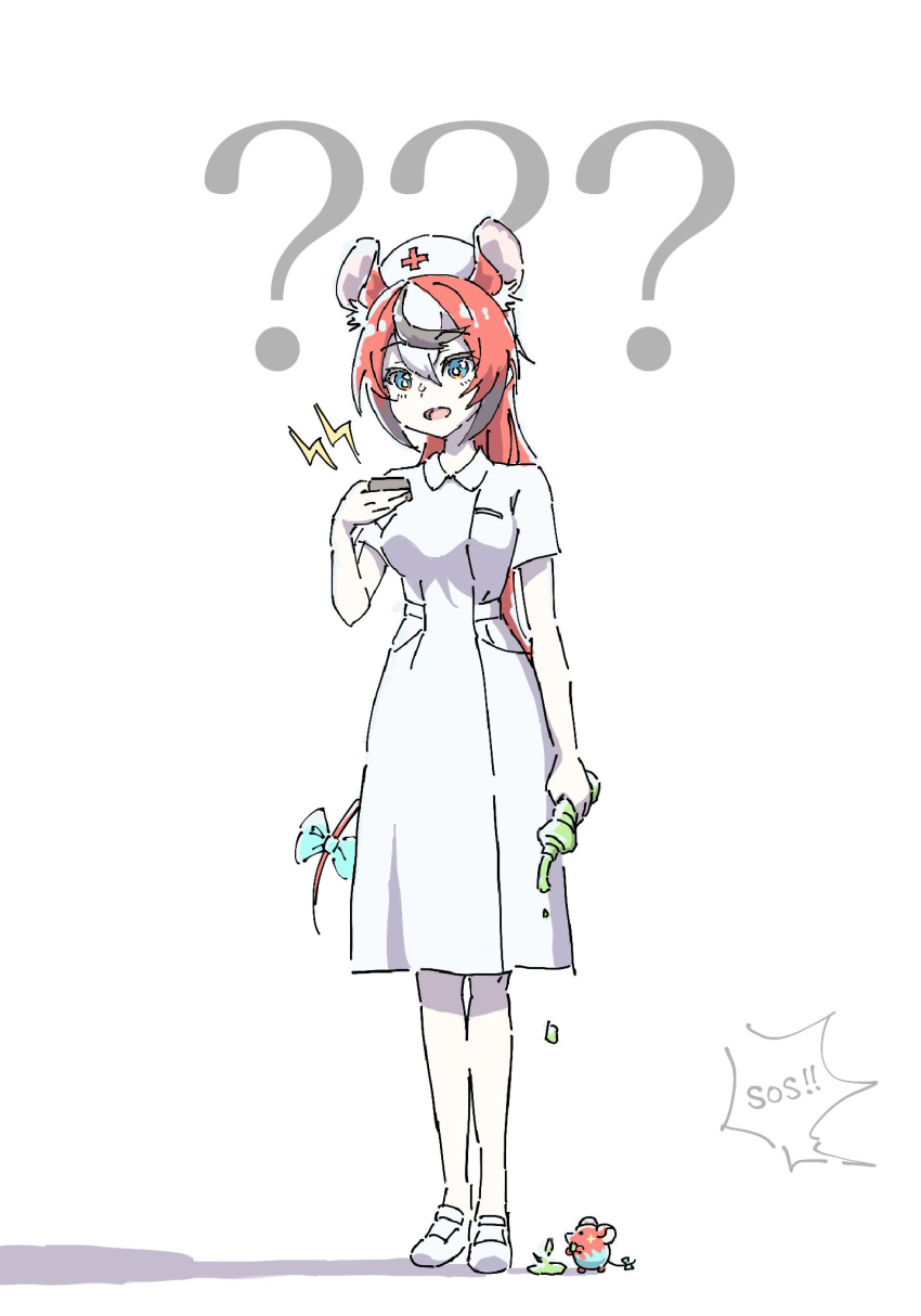 1girl, ?, ??, alternate_hairstyle, animal_ears, black_hair, blue_eyes, bow, breasts, commentary, dress, frozen_honey, full_body, gettsun, hakos_baelz, hat, highres, hololive, hololive_english, long_hair, medium_breasts, medium_dress, mouse, mouse_ears, mouse_girl, mouse_tail, mr._squeaks_(hakos_baelz), nurse, nurse_cap, open_mouth, pager, ponytail, redhead, smile, solo, sos, tail, tail_bow, tail_ornament, virtual_youtuber, white_dress, white_hair