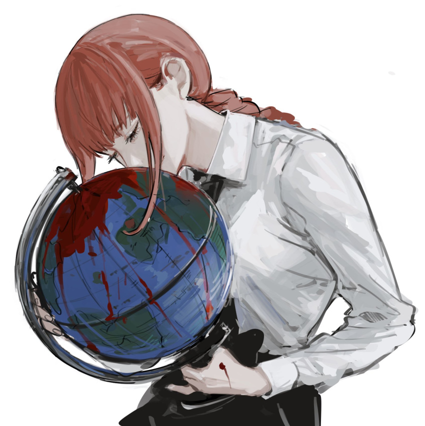 1girl, bangs, black_necktie, black_pants, blood, braid, braided_ponytail, chainsaw_man
