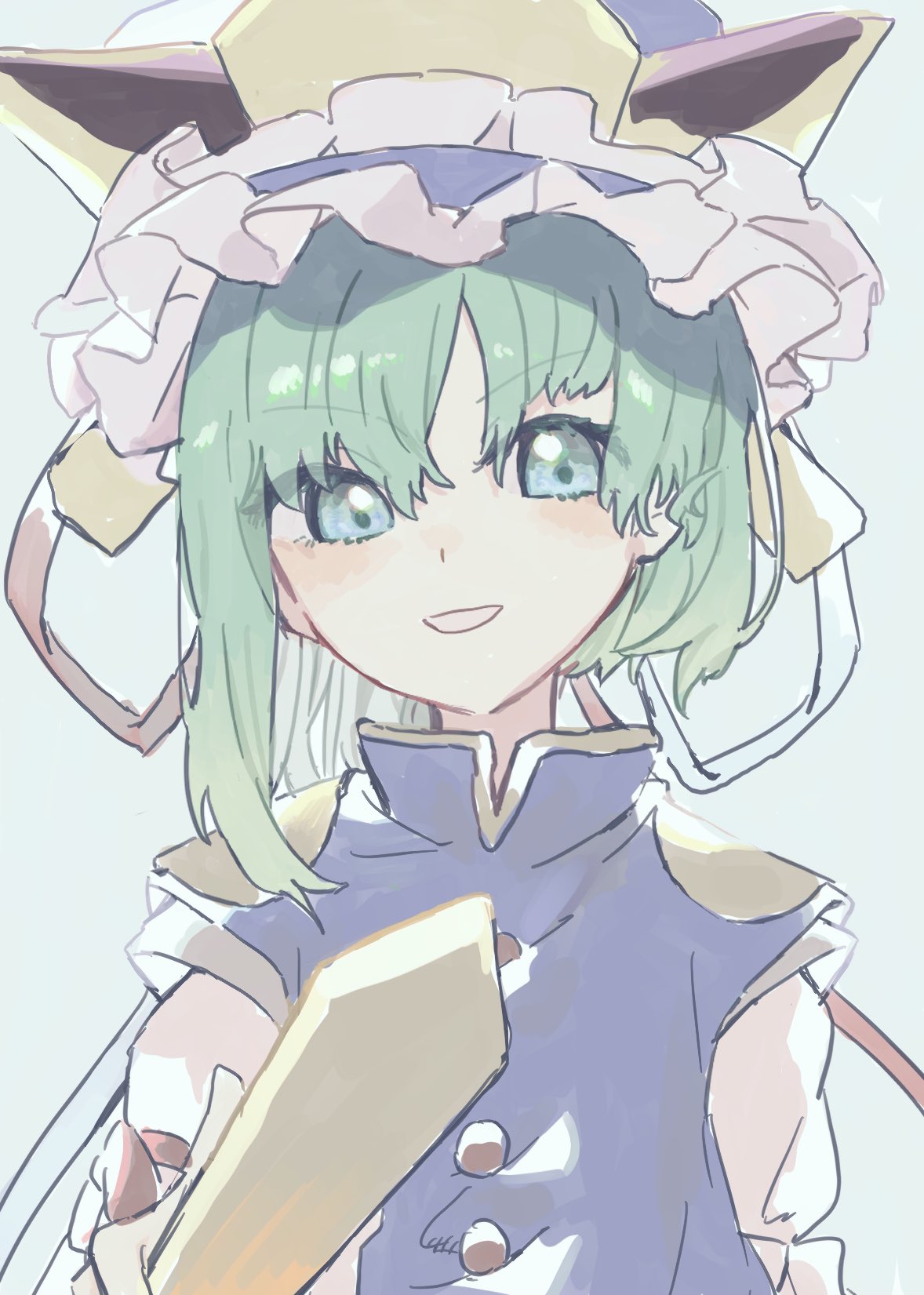 1girl, arolayukomori, asymmetrical_hair, bangs, blue_headwear, blue_vest, blush, buttons