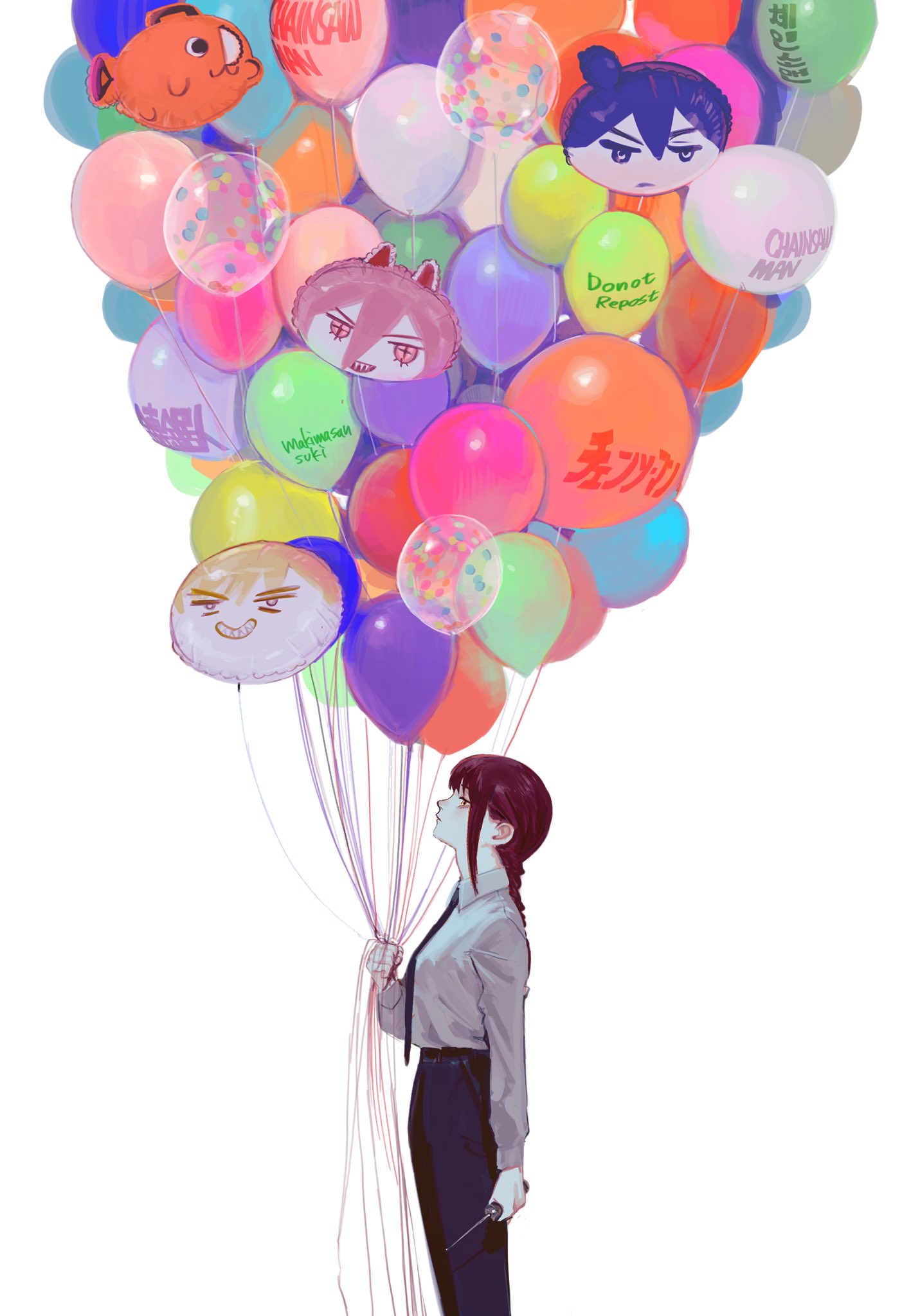 1girl, balloon, bangs, black_necktie, black_pants, braid, braided_ponytail, chainsaw_man