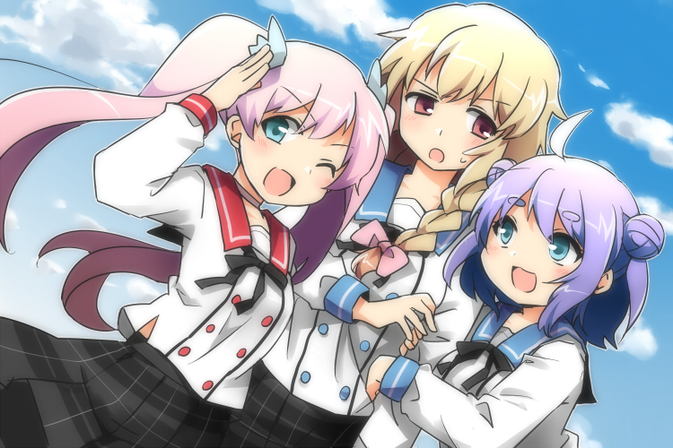 00tea, 3girls, blonde_hair, blue_eyes, blue_sky, clouds, cloudy_sky, ensemble_girls!
