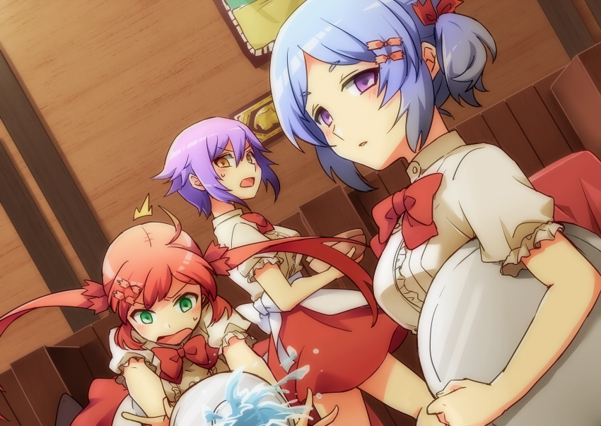 00tea, 3girls, apron, blue_hair, ensemble_girls!, green_eyes, iwato_san, light_blue_hair