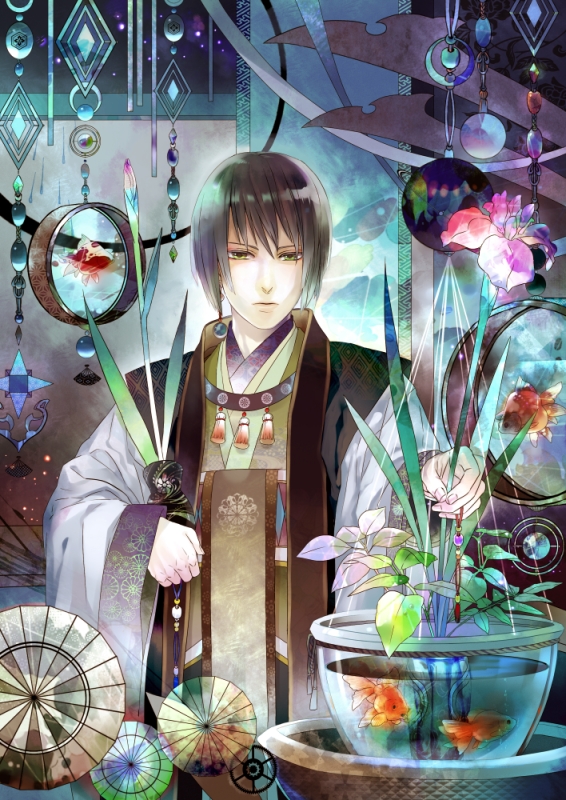 asa_no_ha_(pattern), brown_hair, colorful, fish, flower, genjiguruma, goldfish, green_eyes, iris_(flower), japanese_clothes, kikumon, male, original, saiga_tokihito, sayagata, solo, vase