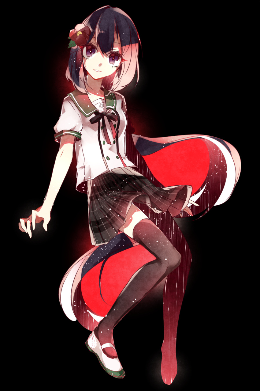 1girl, black_background, black_hair, closed_mouth, ensemble_girls!, flower, flower_request, hair_flower