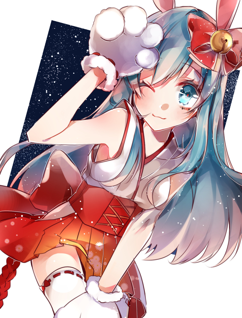 1girl, animal_ears, animal_hands, blue_hair, blush, bow, clothing_request, ensemble_girls!