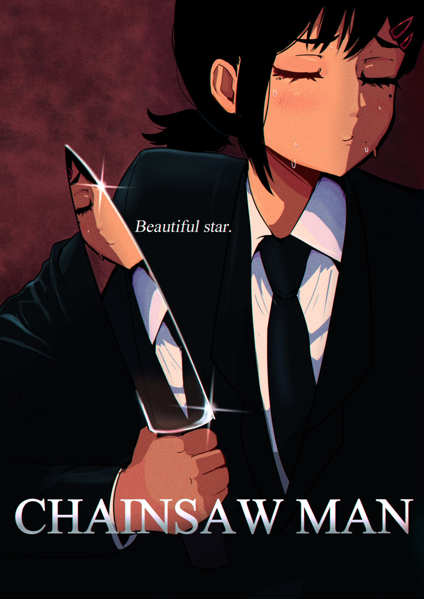 1girl, absurdres, american_psycho, bangs, black_hair, black_jacket, black_necktie, chainsaw_man, closed_eyes, collared_shirt, copyright_name, formal, glint, hair_ornament, hairclip, higashiyama_kobeni, highres, holding, holding_knife, jacket, knife, mole, mole_under_eye, movie_poster, necktie, parody, rafaelbasiliu, reflection, shirt, short_hair, short_ponytail, single_sidelock, solo, suit, suit_jacket, white_shirt