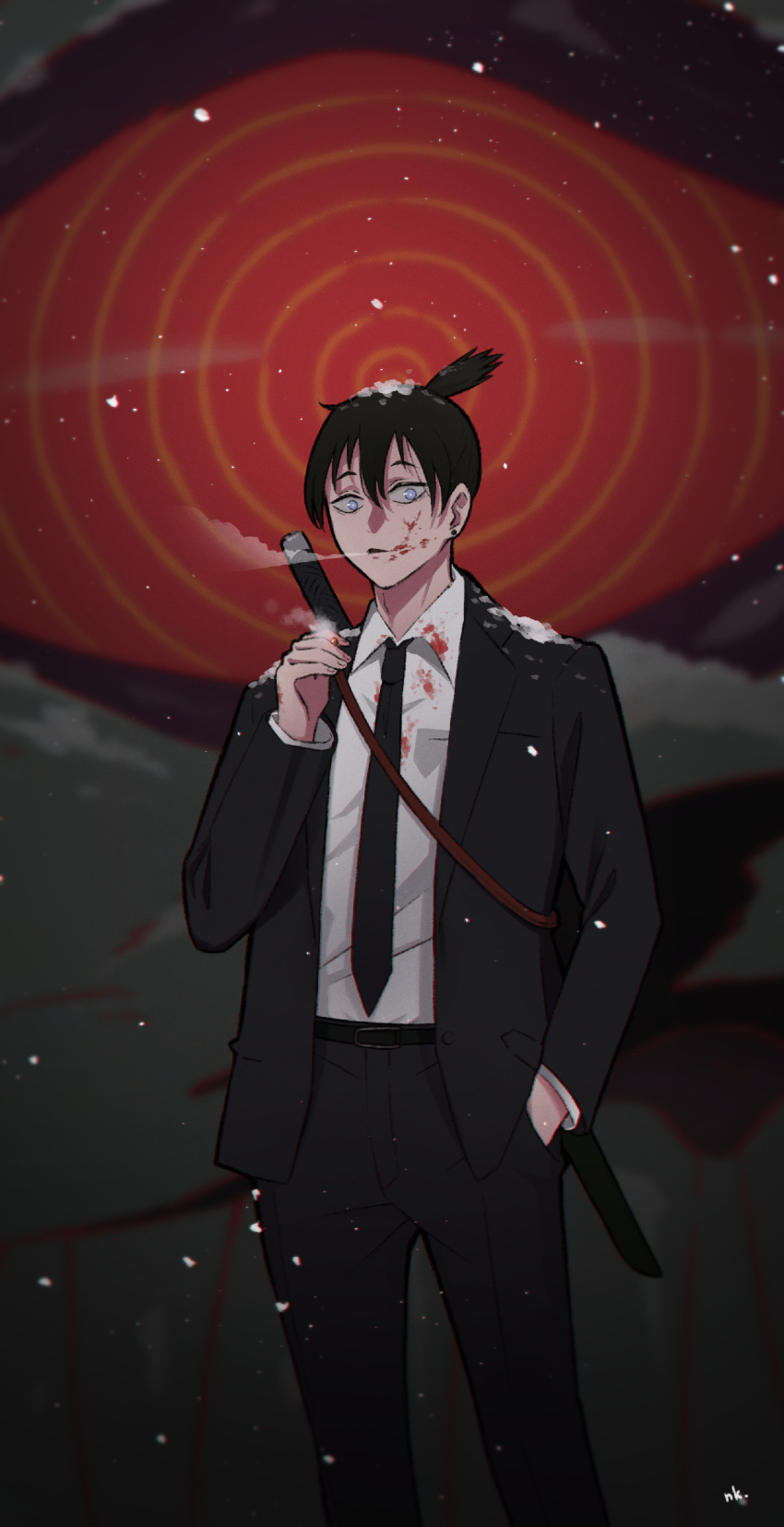 1boy, bangs, black_hair, black_jacket, black_necktie, black_pants, blood, blood_on_clothes