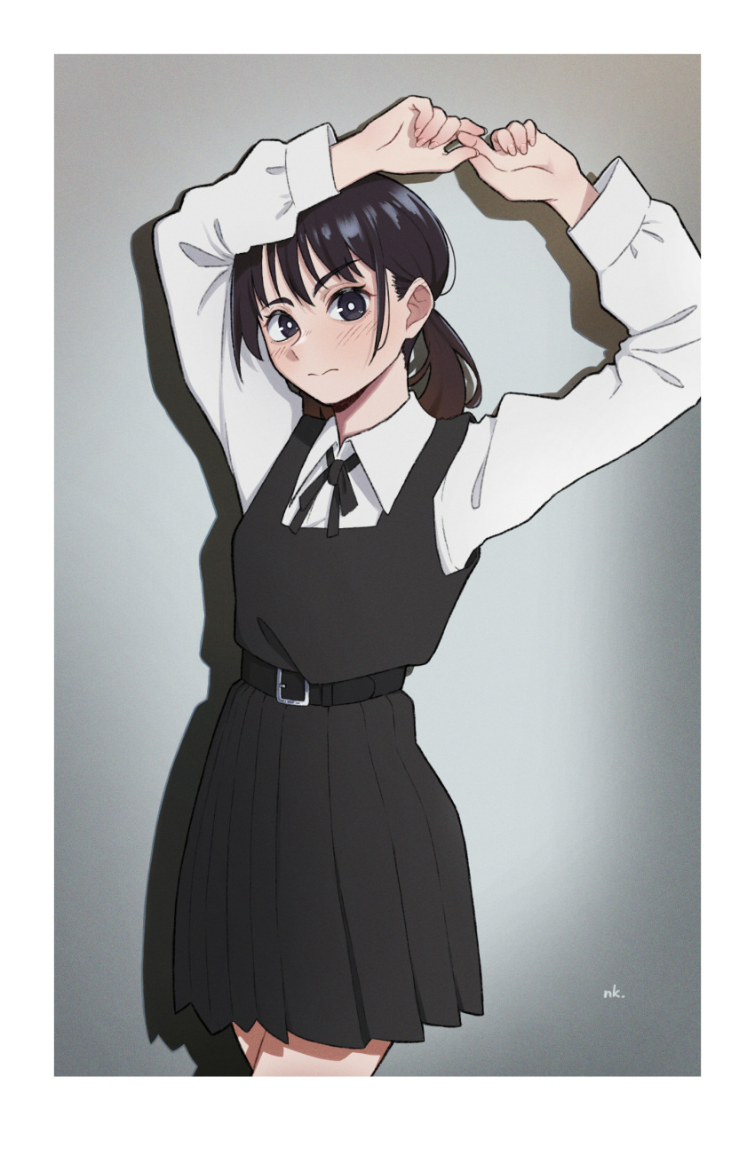 1girl, arms_up, bangs, black_hair, border, chainsaw_man, dress, fourth_east_high_school_uniform