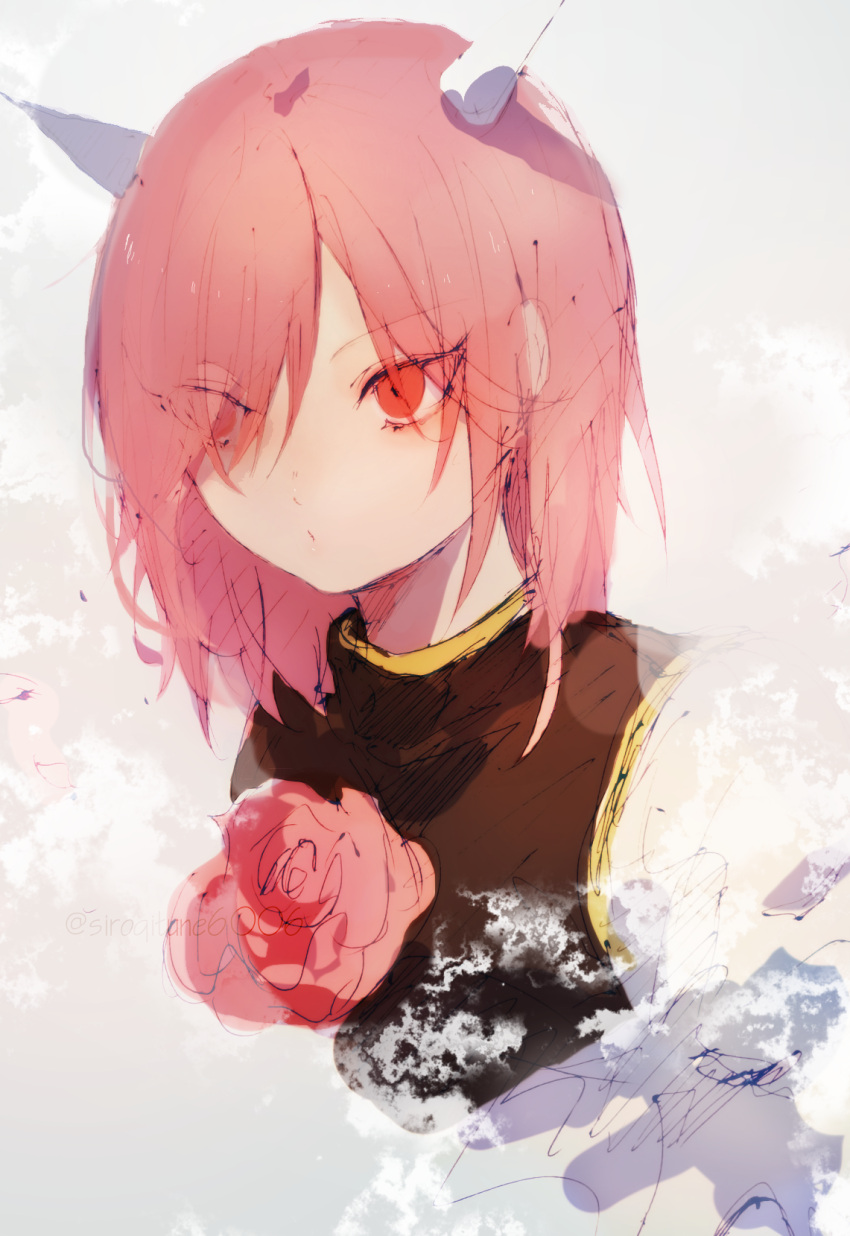 1girl, bangs, brown_tabard, closed_mouth, commentary_request, expressionless, eyes_visible_through_hair, flower