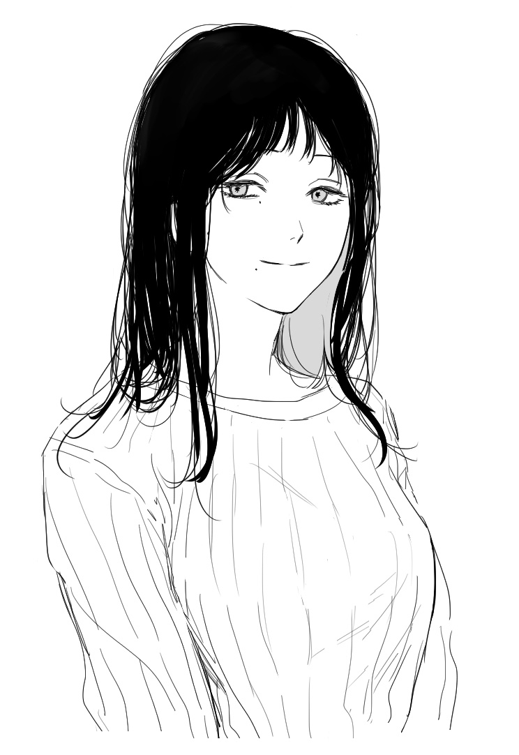 1girl, bangs, black_hair, chainsaw_man, greyscale, jonmatsinde, long_hair, looking_at_viewer, mole, mole_under_eye, mole_under_mouth, monochrome, santa_claus_(chainsaw_man), simple_background, smile, solo, sweater, white_background
