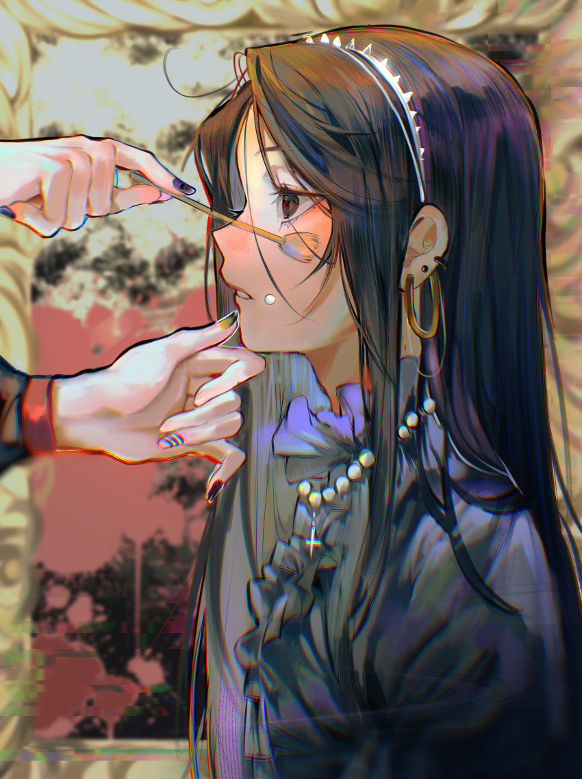 2boys, absurdres, androgynous, applying_makeup, bead_necklace, beads, black_hair, black_nails
