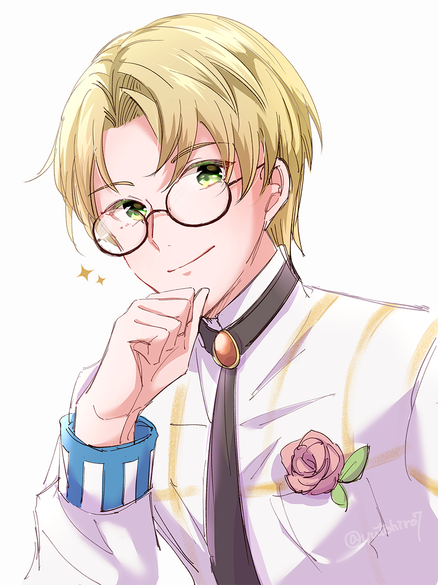 1boy, alfred_(fire_emblem), black_necktie, blonde_hair, dress_shirt, fire_emblem, fire_emblem_engage, flower