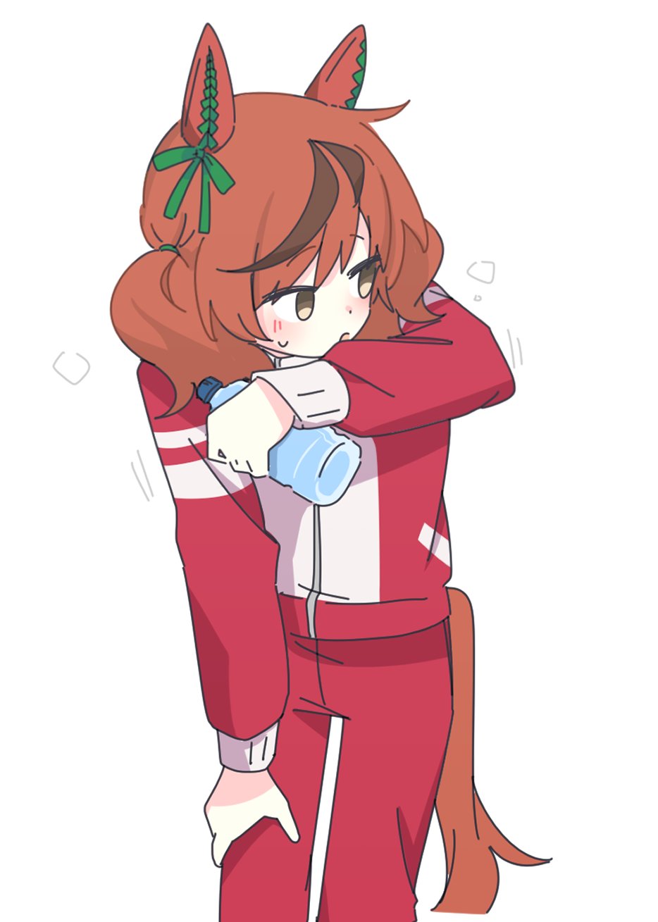 1girl, animal_ears, blush, bottle, brown_eyes, brown_hair, ear_covers, feet_out_of_frame