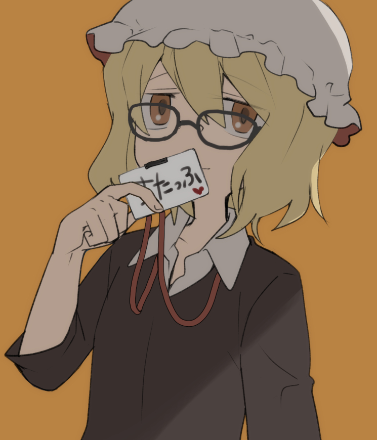 1girl, bangs, black-framed_eyewear, black_shirt, blonde_hair, brown_background, brown_eyes, closed_mouth