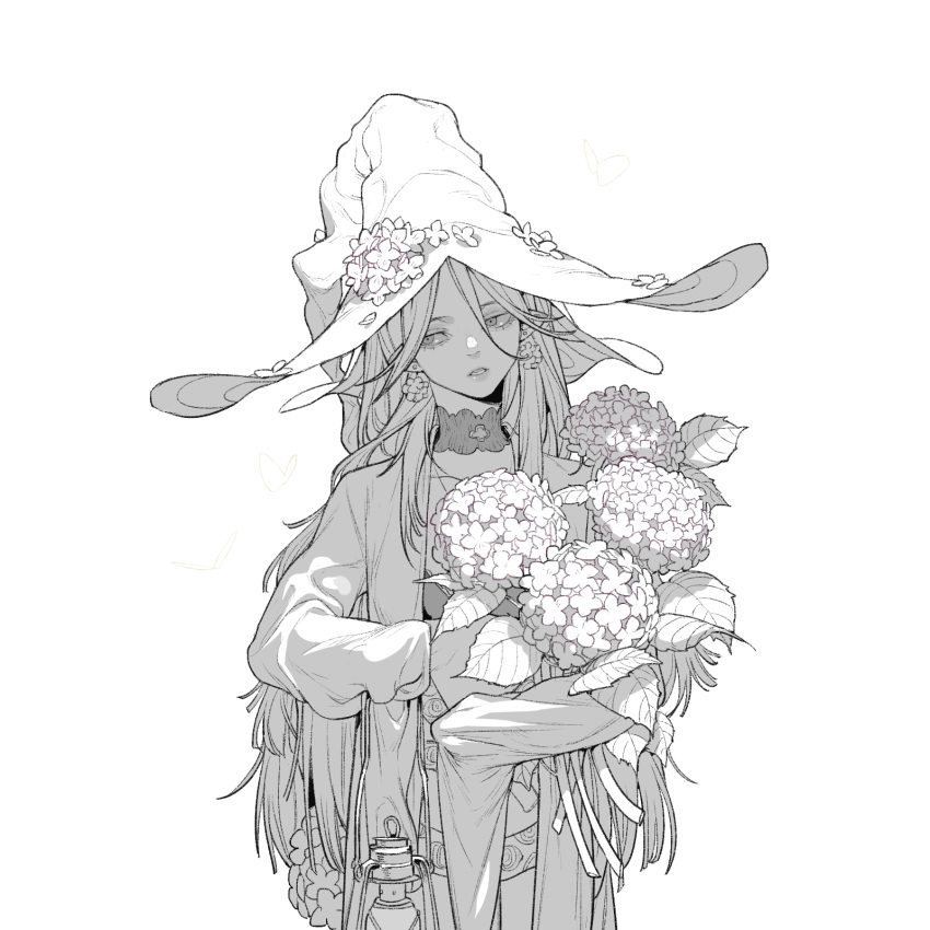 1girl, bra, choker, cowboy_shot, earrings, flower, flower_earrings, greyscale