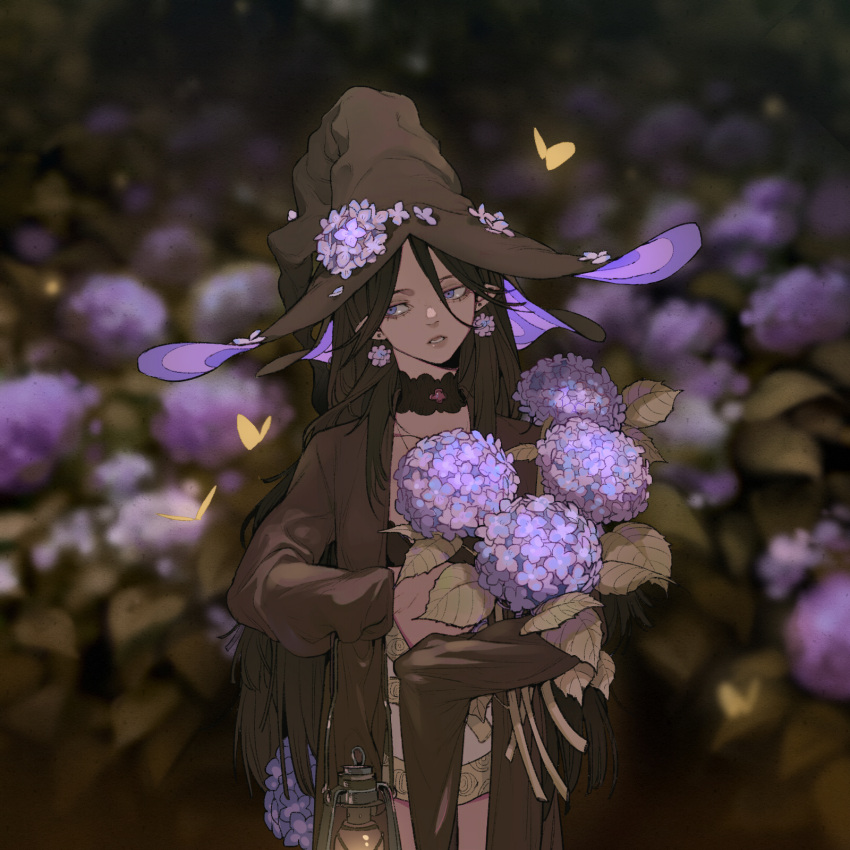 1girl, black_bra, black_headwear, black_jacket, blurry, bra, bug, butterfly