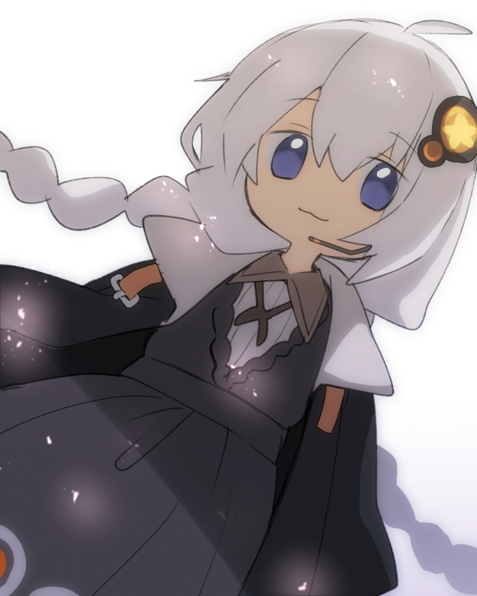 1girl, bangs, black_coat, black_dress, blue_eyes, braid, brown_collar, closed_mouth, coat, collar, collared_shirt, commentary_request, cowboy_shot, dress, dutch_angle, flat_chest, grey_hair, hair_between_eyes, hair_ornament, headset, kizuna_akari, long_hair, looking_at_viewer, nahori_(hotbeans), open_clothes, open_coat, shirt, simple_background, smile, solo, twin_braids, twintails, very_long_hair, vocaloid, voiceroid, white_background, white_shirt