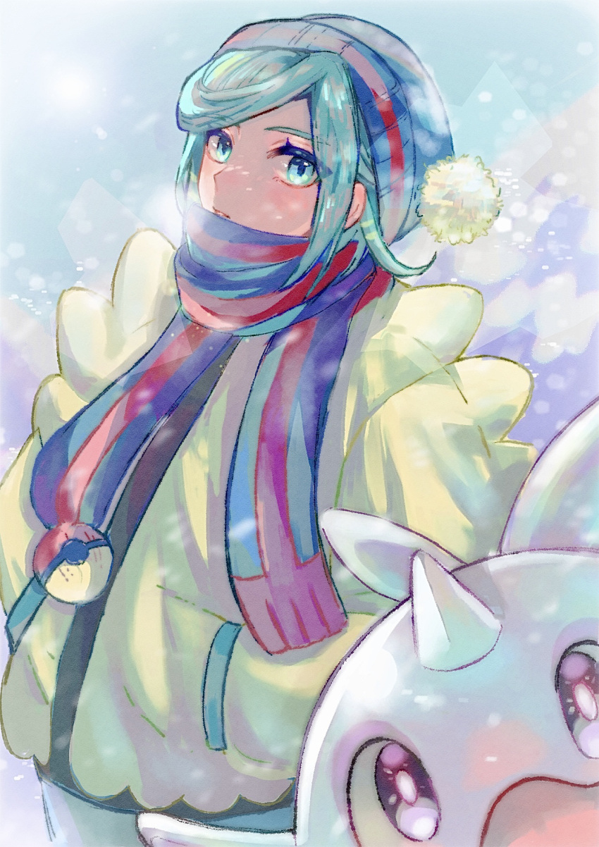1boy, beanie, blue_headwear, breath, cetoddle, closed_mouth, commentary_request, green_hair, green_pants, grusha_(pokemon), hands_in_pockets, hat, highres, jacket, looking_at_viewer, male_focus, mofumofuyarou, outdoors, pants, poke_ball_print, pokemon, pokemon_(creature), pokemon_(game), pokemon_sv, scarf, striped, striped_scarf, yellow_jacket